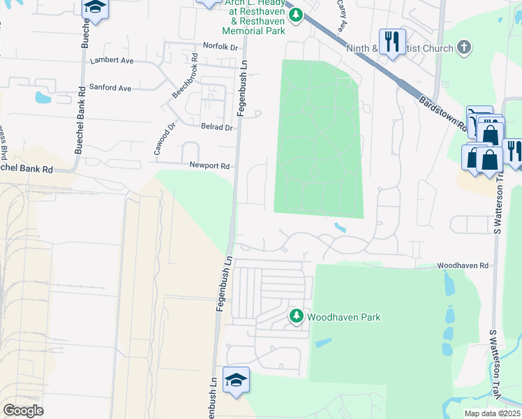 map of restaurants, bars, coffee shops, grocery stores, and more near 4507 Jett Thomas Drive in Louisville