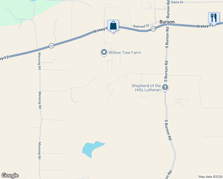 map of restaurants, bars, coffee shops, grocery stores, and more near 3536 Burson Road in Valley Springs