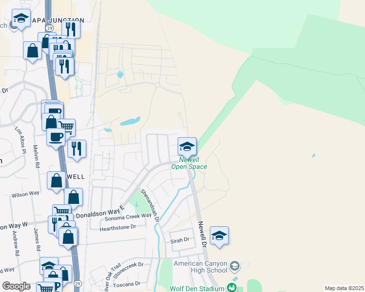 map of restaurants, bars, coffee shops, grocery stores, and more near 15 Farentino Place in American Canyon