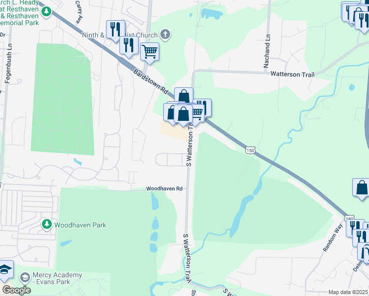 map of restaurants, bars, coffee shops, grocery stores, and more near 4906 South Watterson Trail in Louisville