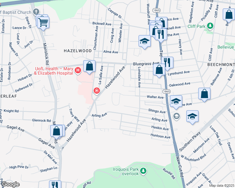 map of restaurants, bars, coffee shops, grocery stores, and more near 1555 Walter Avenue in Louisville