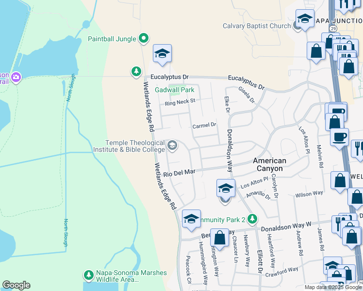 map of restaurants, bars, coffee shops, grocery stores, and more near 141 Spikerush Circle in American Canyon