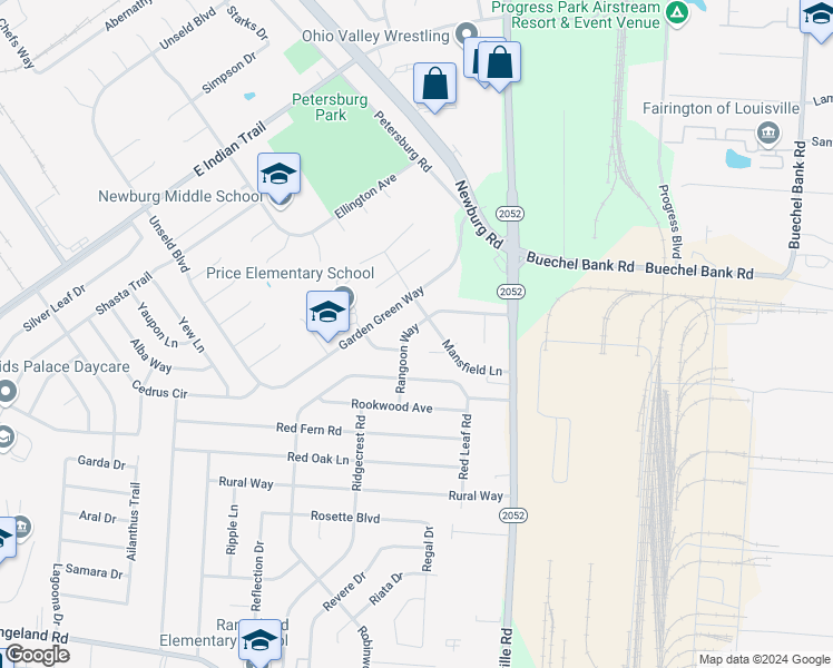map of restaurants, bars, coffee shops, grocery stores, and more near 5105 Rangoon Way in Louisville