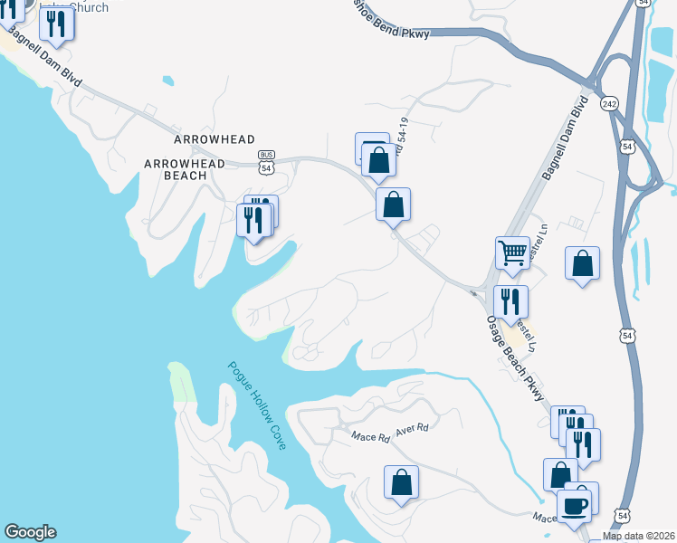 map of restaurants, bars, coffee shops, grocery stores, and more near 101-399 Oak Ridge Drive in Lake Ozark