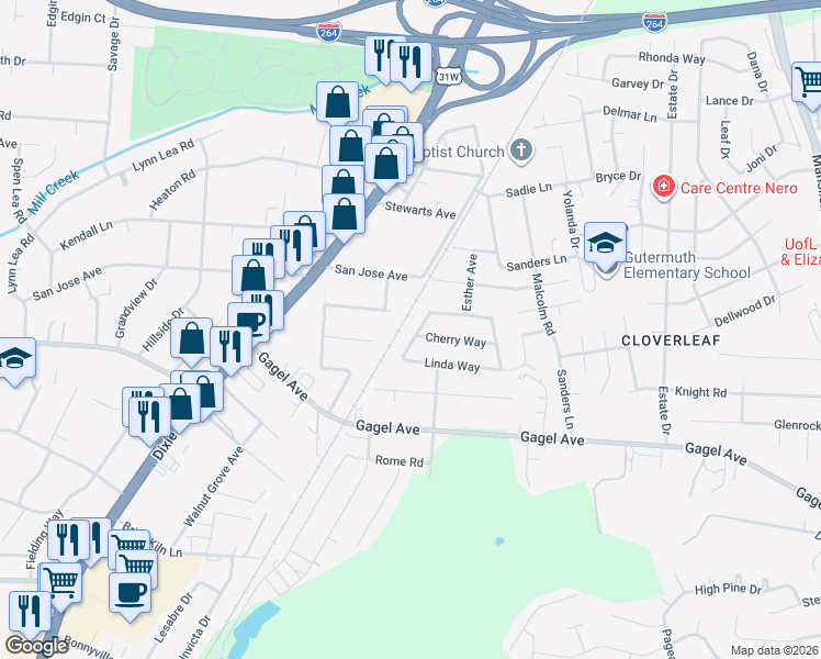 map of restaurants, bars, coffee shops, grocery stores, and more near 4508 Janice Way in Louisville