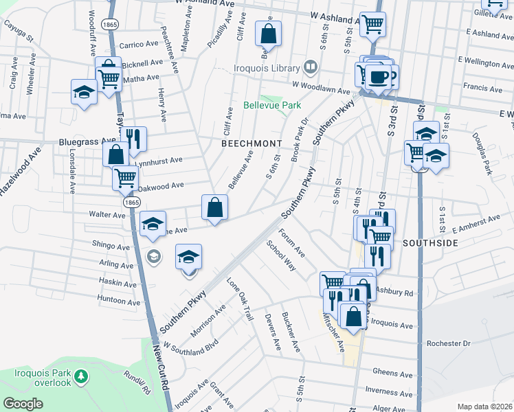 map of restaurants, bars, coffee shops, grocery stores, and more near 715 Brookline Avenue in Louisville