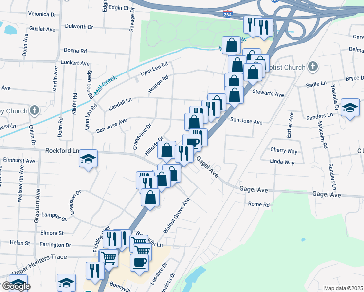 map of restaurants, bars, coffee shops, grocery stores, and more near 4533 Stonestreet Avenue in Louisville