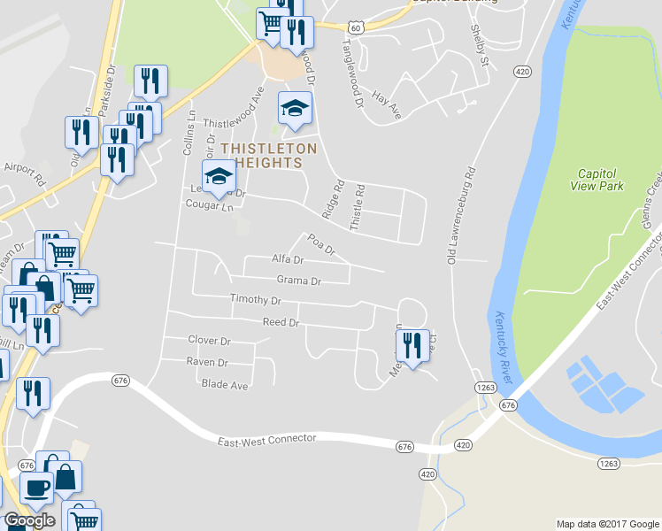 map of restaurants, bars, coffee shops, grocery stores, and more near 509 Alfa Dr in Frankfort