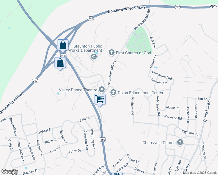 map of restaurants, bars, coffee shops, grocery stores, and more near 1751 Shutterlee Mill Road in Staunton