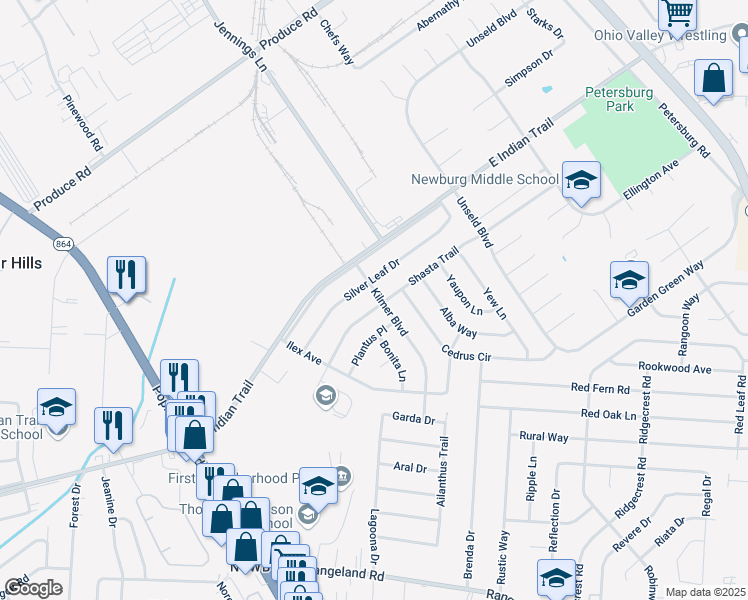 map of restaurants, bars, coffee shops, grocery stores, and more near 5106 Kilmer Boulevard in Louisville
