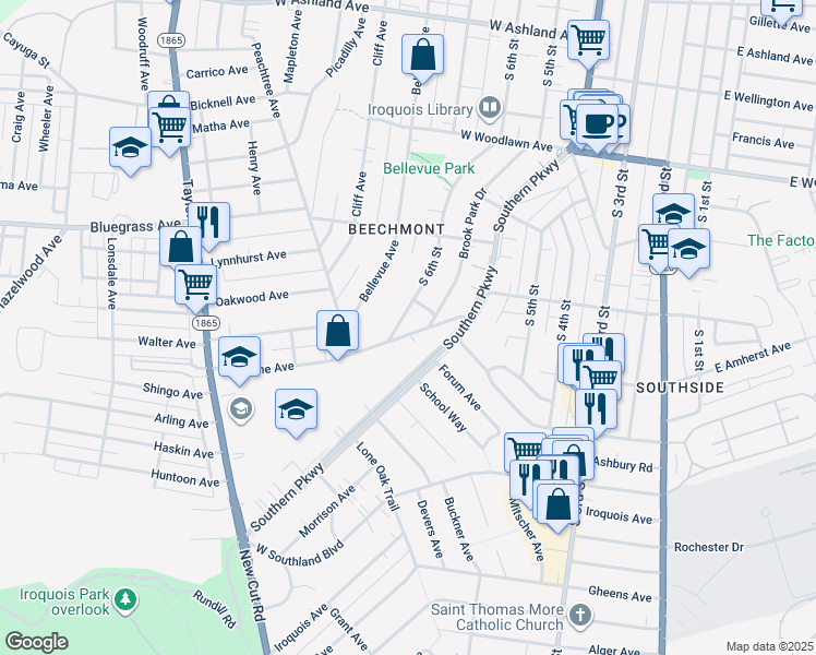 map of restaurants, bars, coffee shops, grocery stores, and more near 727 Brookline Avenue in Louisville