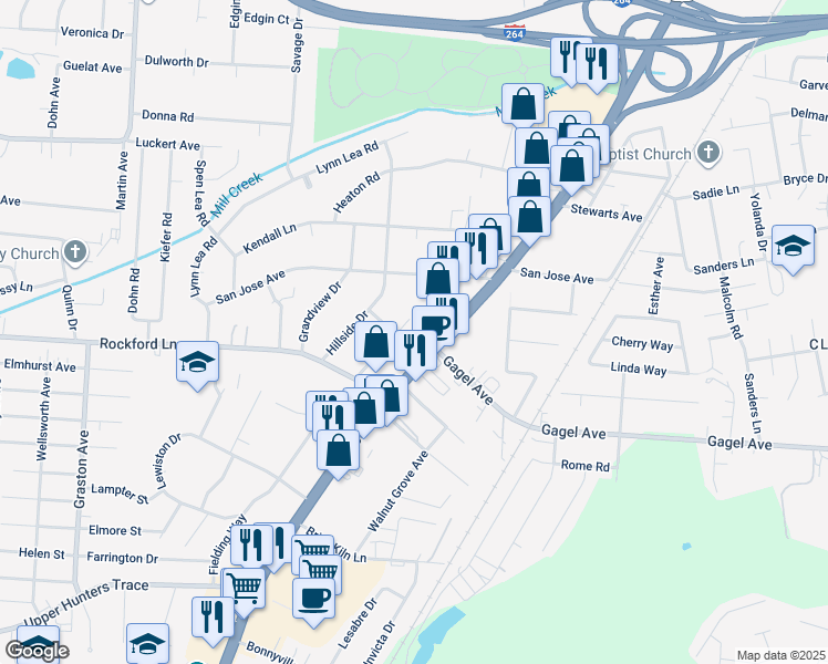 map of restaurants, bars, coffee shops, grocery stores, and more near 4533 Stonestreet Avenue in Louisville