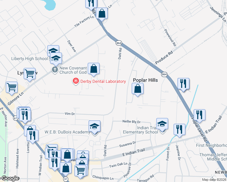 map of restaurants, bars, coffee shops, grocery stores, and more near 1237 Dahl Road in Louisville