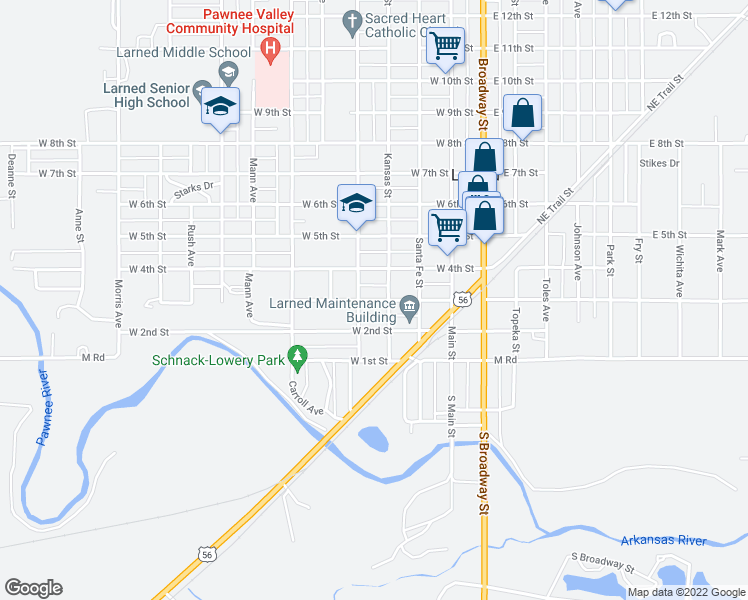 map of restaurants, bars, coffee shops, grocery stores, and more near West 3rd Street in Larned