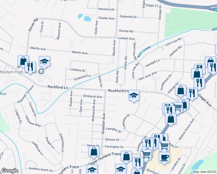 map of restaurants, bars, coffee shops, grocery stores, and more near 2211 Rockford Lane in Louisville