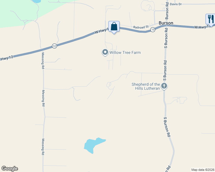 map of restaurants, bars, coffee shops, grocery stores, and more near 3536 Burson Road in Valley Springs