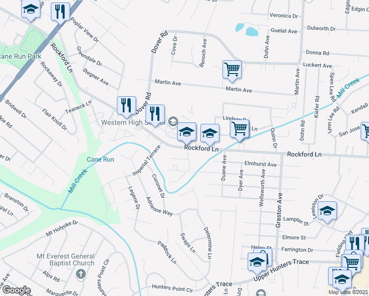 map of restaurants, bars, coffee shops, grocery stores, and more near 2501 Rockford Lane in Shively