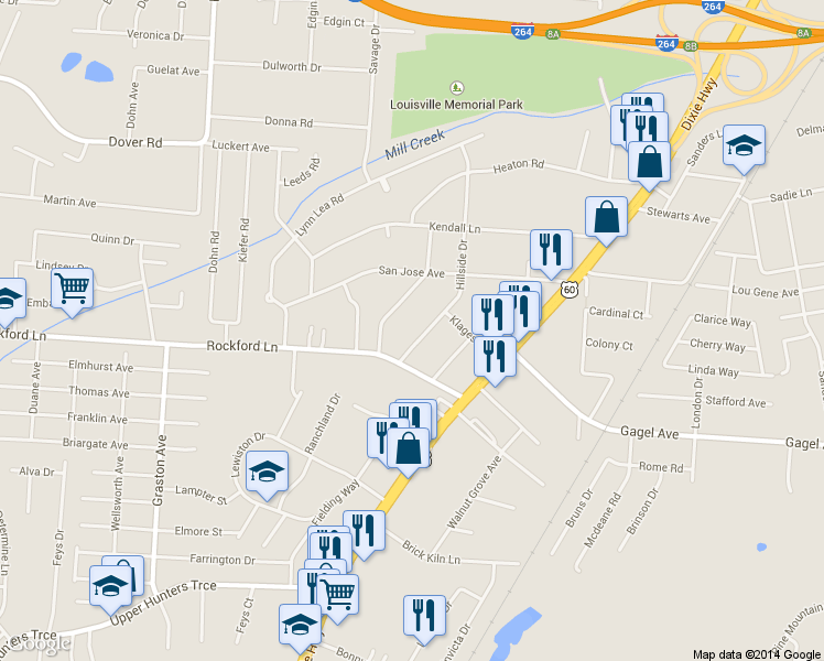 map of restaurants, bars, coffee shops, grocery stores, and more near 4630 Hillside Dr in Louisville