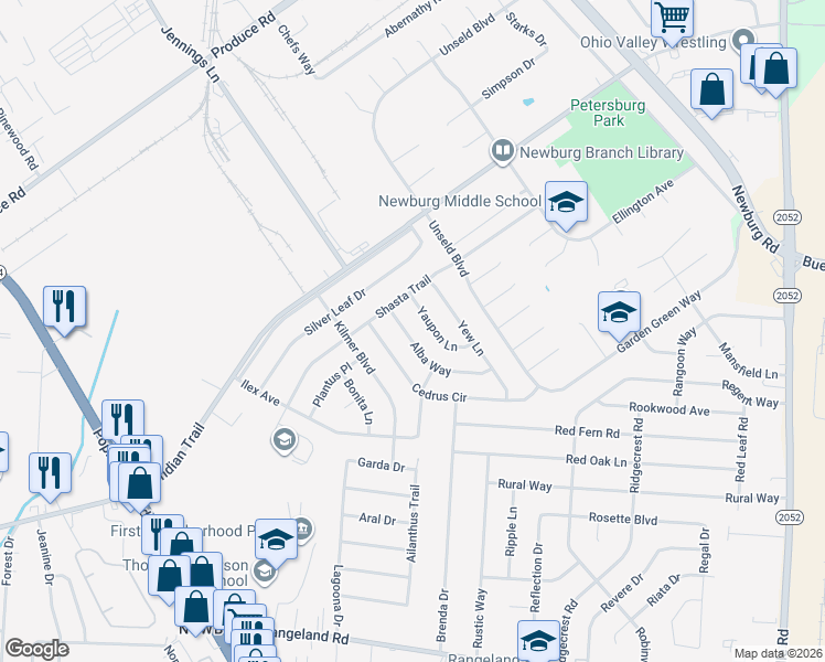 map of restaurants, bars, coffee shops, grocery stores, and more near 5111 Alba Way in Louisville