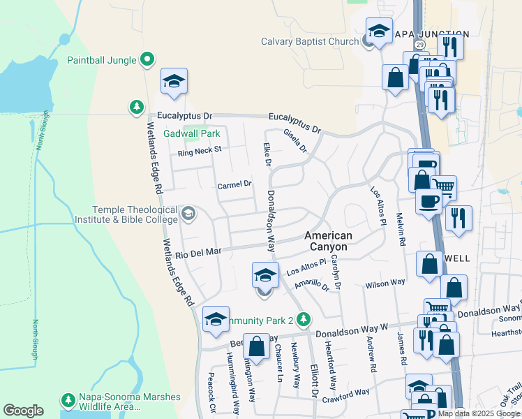 map of restaurants, bars, coffee shops, grocery stores, and more near 100 Corsicana Drive in American Canyon