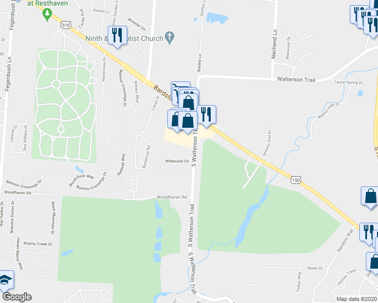 map of restaurants, bars, coffee shops, grocery stores, and more near 4906 South Watterson Trail in Louisville