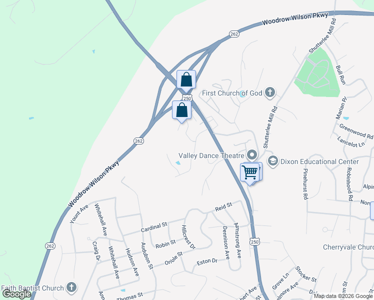 map of restaurants, bars, coffee shops, grocery stores, and more near 15 Topside Circle in Staunton