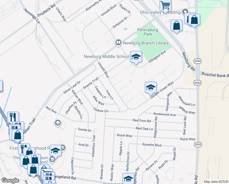 map of restaurants, bars, coffee shops, grocery stores, and more near 4926 Unseld Boulevard in Louisville