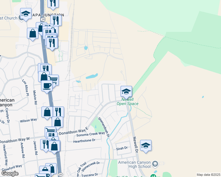 map of restaurants, bars, coffee shops, grocery stores, and more near 234 Sorrento Lane in American Canyon