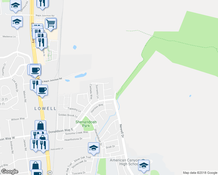 map of restaurants, bars, coffee shops, grocery stores, and more near 15 Farentino Place in American Canyon