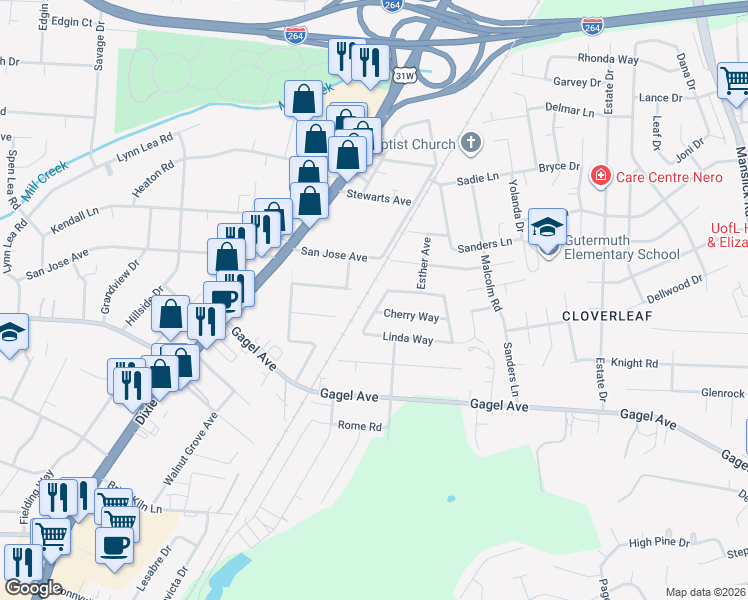 map of restaurants, bars, coffee shops, grocery stores, and more near 4508 Janice Way in Louisville