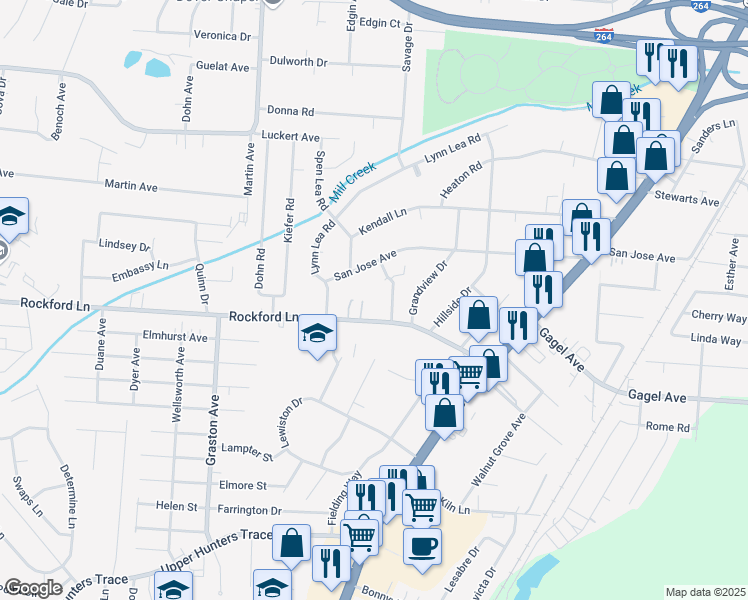 map of restaurants, bars, coffee shops, grocery stores, and more near 4736 Rockford Plaza in Louisville