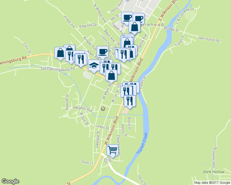 map of restaurants, bars, coffee shops, grocery stores, and more near 142 South Blair Street in Morehead