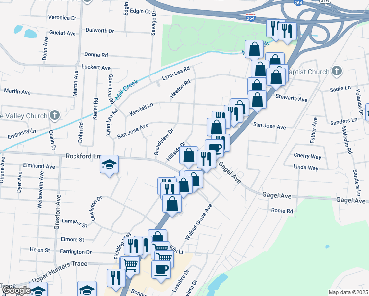 map of restaurants, bars, coffee shops, grocery stores, and more near 4621 Hillside Drive in Louisville
