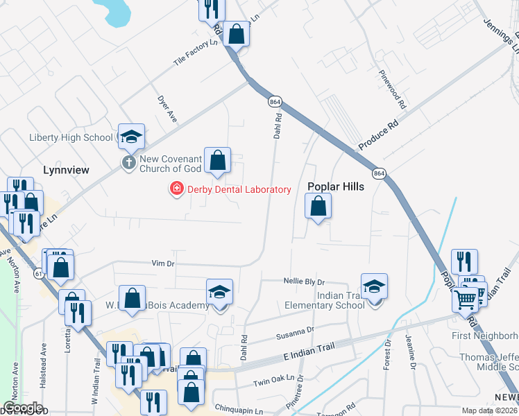map of restaurants, bars, coffee shops, grocery stores, and more near 1237 Dahl Road in Louisville