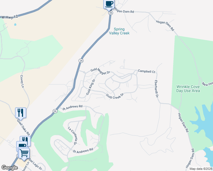 map of restaurants, bars, coffee shops, grocery stores, and more near 154 Bullion Hill Drive in Valley Springs