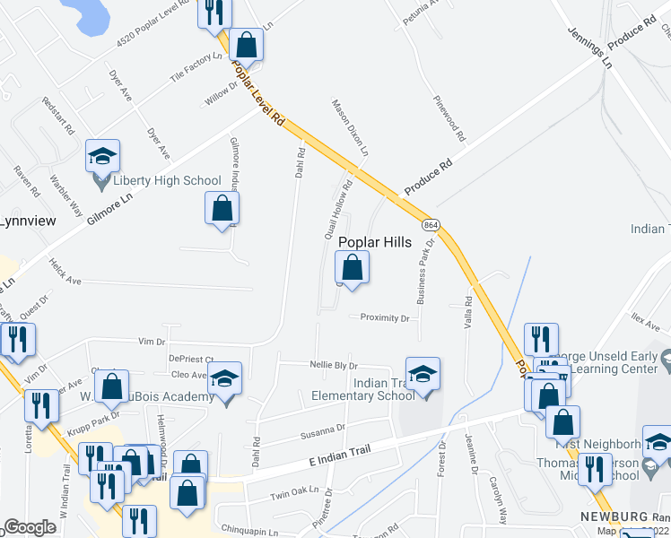 map of restaurants, bars, coffee shops, grocery stores, and more near 5010 Quail Court in Louisville