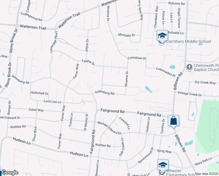 map of restaurants, bars, coffee shops, grocery stores, and more near 9504 Dabney Carr Drive in Louisville