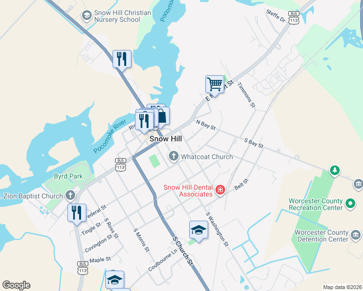 map of restaurants, bars, coffee shops, grocery stores, and more near 115 N Collins St in Snow Hill