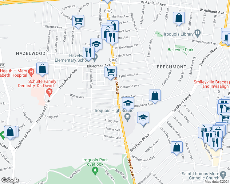 map of restaurants, bars, coffee shops, grocery stores, and more near 1318 Oakwood Avenue in Louisville
