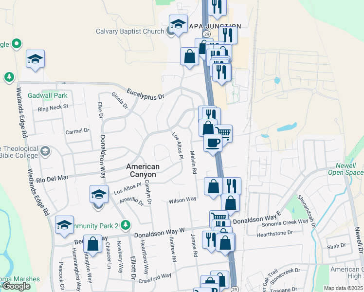 map of restaurants, bars, coffee shops, grocery stores, and more near 215 Los Altos Place in American Canyon
