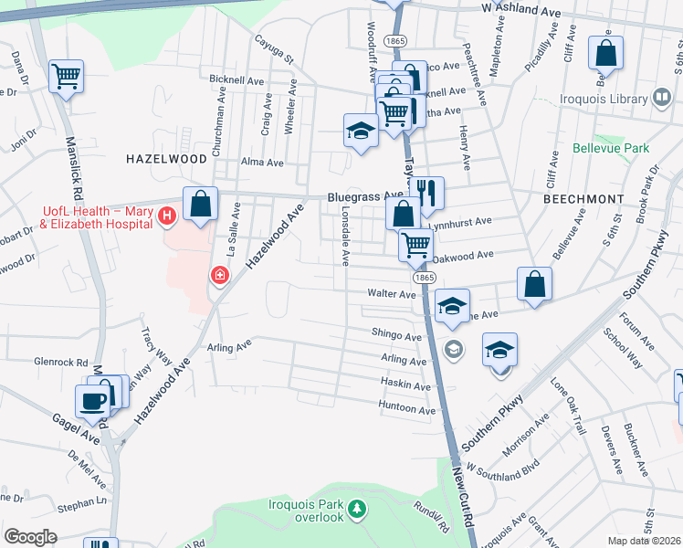 map of restaurants, bars, coffee shops, grocery stores, and more near 4358 Lonsdale Avenue in Louisville