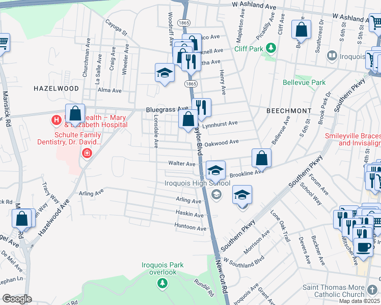 map of restaurants, bars, coffee shops, grocery stores, and more near 1318 Oakwood Avenue in Louisville