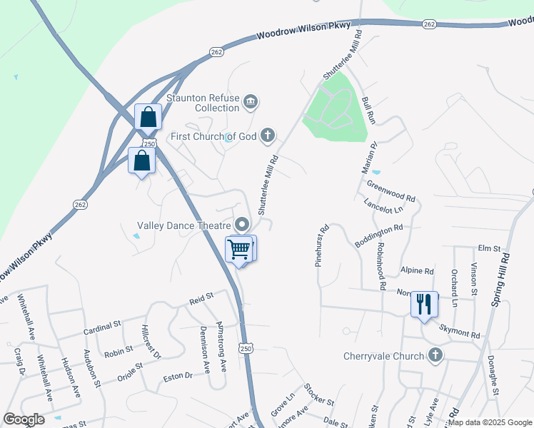 map of restaurants, bars, coffee shops, grocery stores, and more near 1771 Shutterlee Mill Road in Staunton