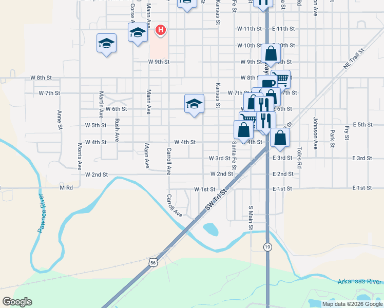 map of restaurants, bars, coffee shops, grocery stores, and more near 600-698 West 3rd Street in Larned
