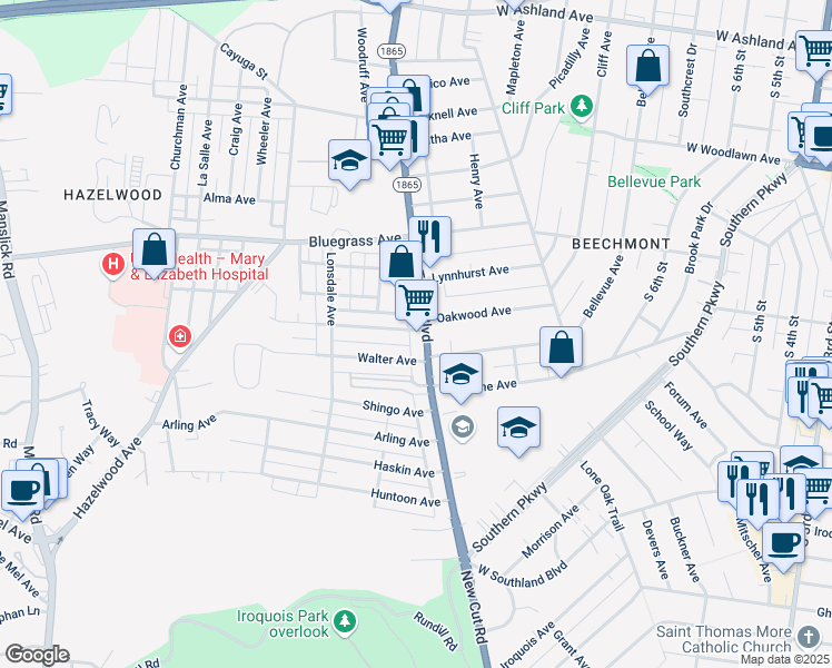 map of restaurants, bars, coffee shops, grocery stores, and more near 1318 Oakwood Avenue in Louisville