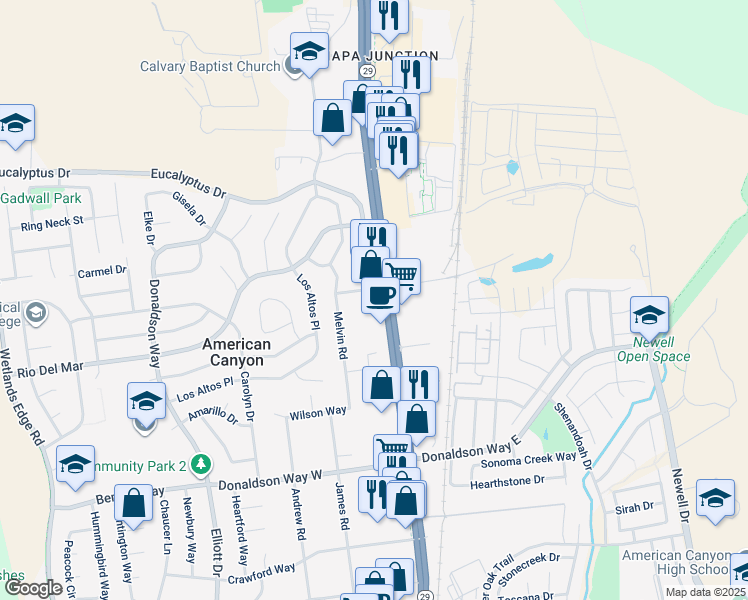map of restaurants, bars, coffee shops, grocery stores, and more near 3885 Broadway in American Canyon