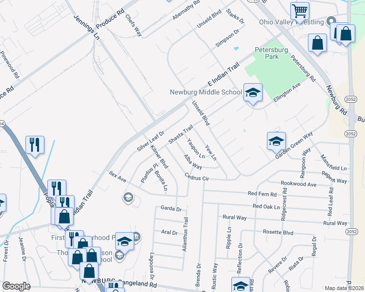 map of restaurants, bars, coffee shops, grocery stores, and more near 5107 Alba Way in Louisville