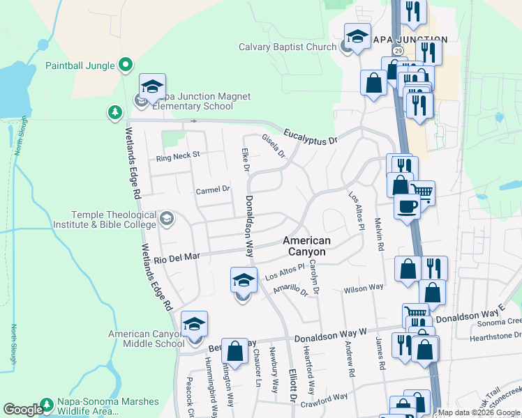 map of restaurants, bars, coffee shops, grocery stores, and more near 144 West Carolyn Drive in American Canyon