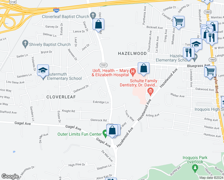 map of restaurants, bars, coffee shops, grocery stores, and more near 4801 Manslick Road in Louisville