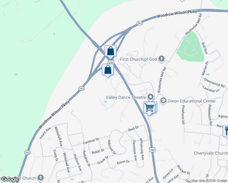 map of restaurants, bars, coffee shops, grocery stores, and more near 15 Topside Circle in Staunton